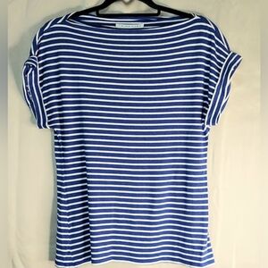 Trina Turk Top, Size M, Boatneck, Striped Blue and White, Short Sleeves, Stretch